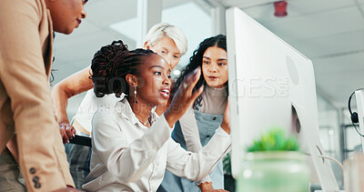 Buy stock photo Computer, explain or vision with business woman and team in office together for meeting or planning. Desktop, discussion and ideas with professional employee at desk for problem solving or solution
