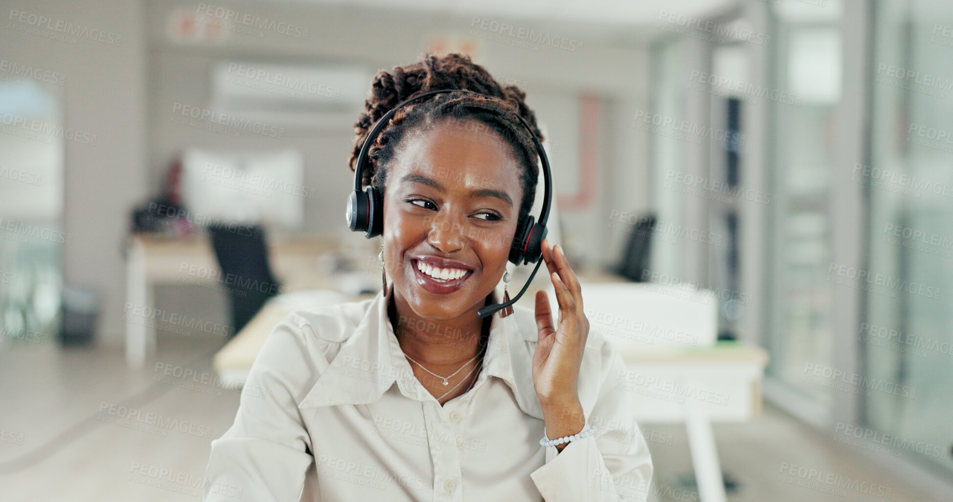 Buy stock photo Call center, thinking and black woman for customer support, online service and consulting video pov. Crm business advice, contact us and happy female worker with headset for telemarketing smile