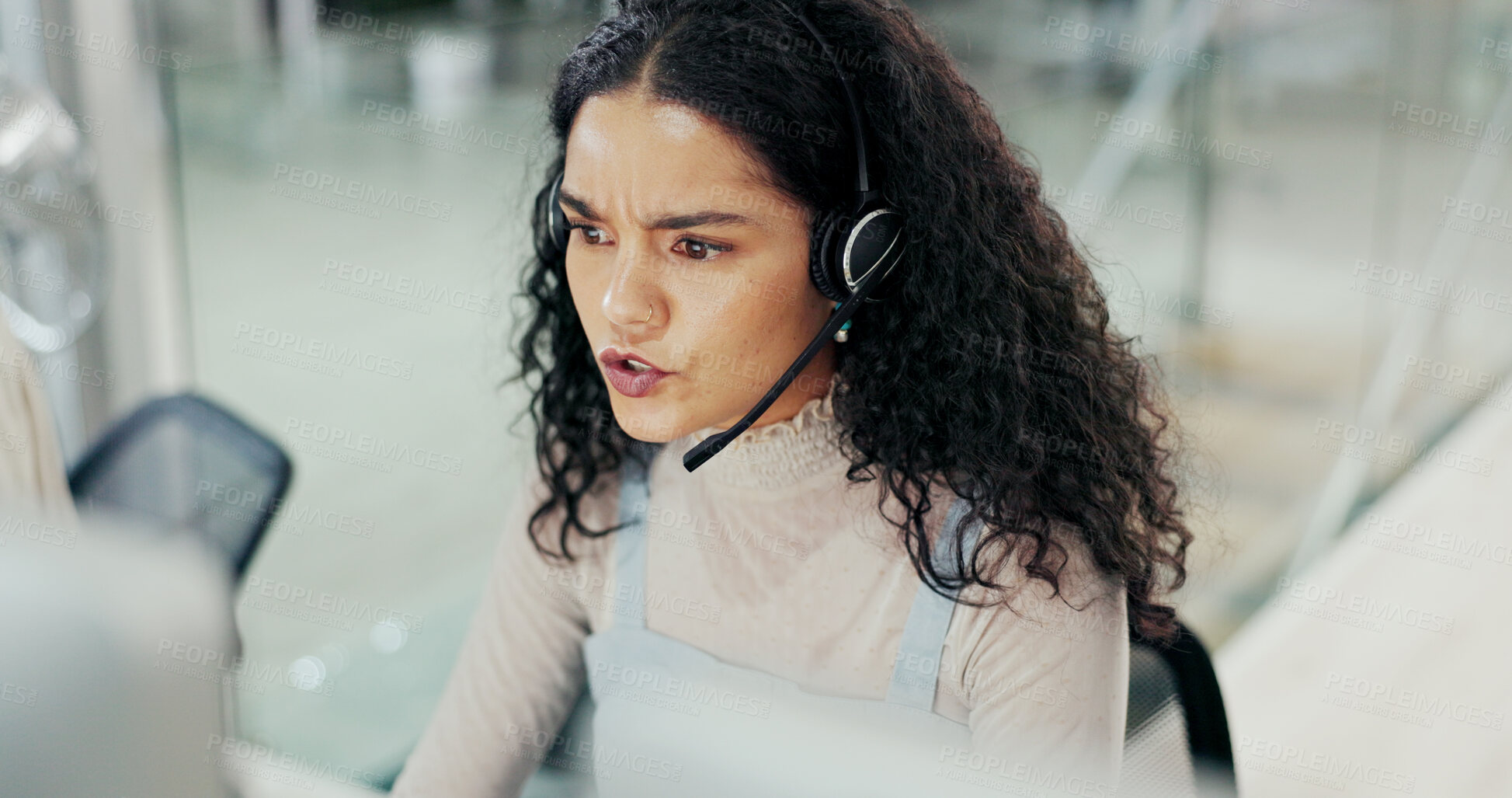 Buy stock photo Confused, woman and talk with headset at call centre of customer service, problem solving and crm stress. Above, advisor and discussion for technical support, telemarketing and faq solution of advice
