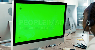 Buy stock photo Call centre, green screen and woman with headset, talking and consulting for sales on website or help. Customer service, communication and person with microphone for telemarketing, computer or office