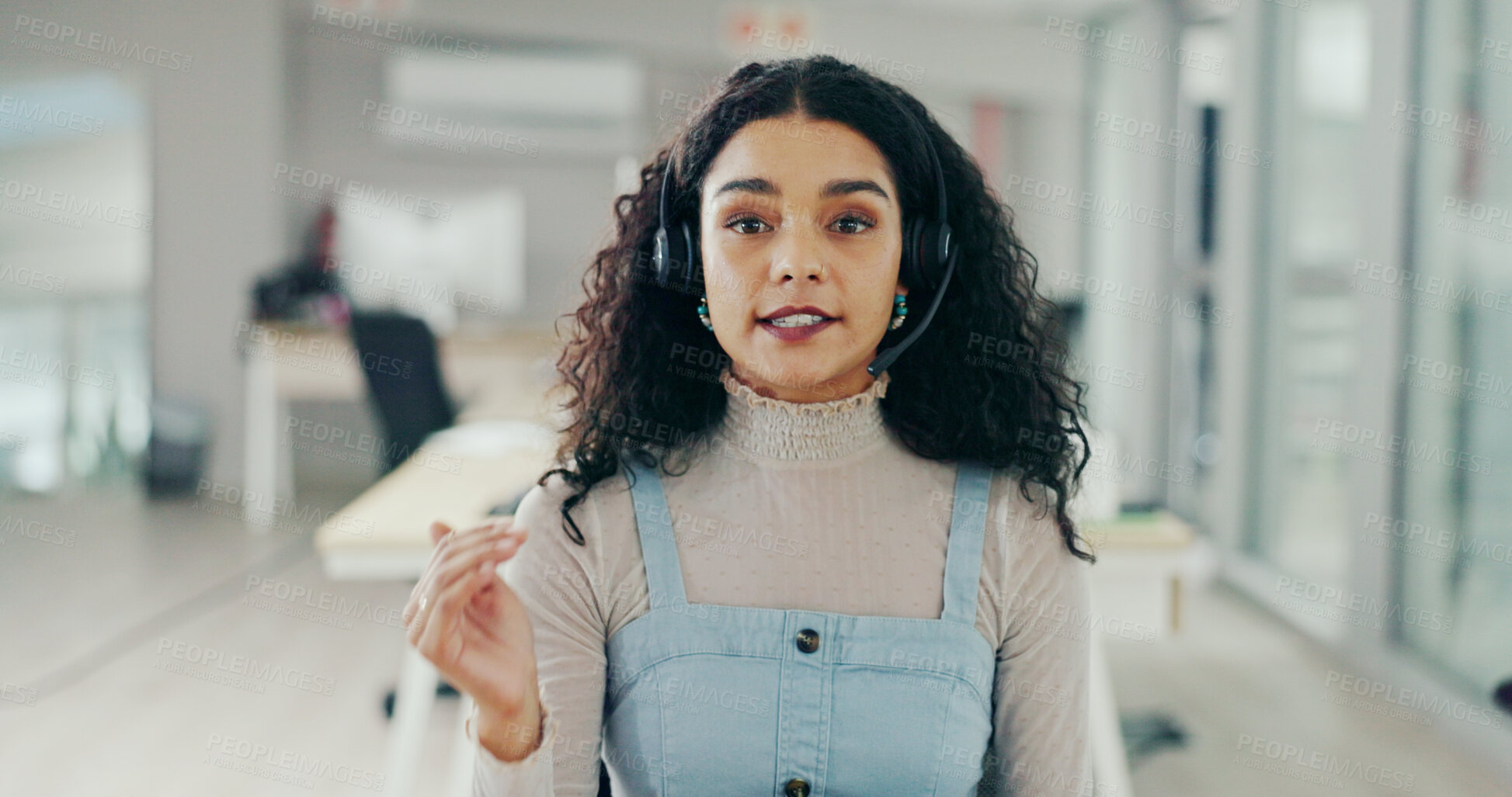 Buy stock photo Call center, explanation and portrait of woman for customer support, online service and consulting video pov. Crm business, contact us and face of female worker with smile for telemarketing advice
