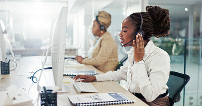 Buy stock photo Black woman, talk and computer with headset at call centre of customer service, problem solving and crm  Female advisor, mic and discussion for technical support, telemarketing and faq 