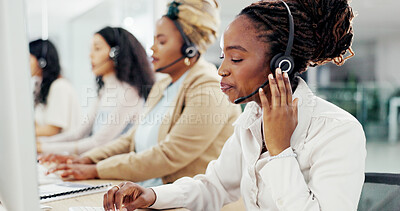 Buy stock photo Call center, computer and listening with woman in office for flight booking, customer support and itinerary planning. Tour guide consultant, help desk and vip program with person in travel agency