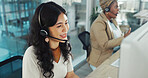 Call center, telemarketing and smile with woman in office for flight booking, customer support and itinerary planning. Travel agent consulting, help desk and computer with person in tour guide agency