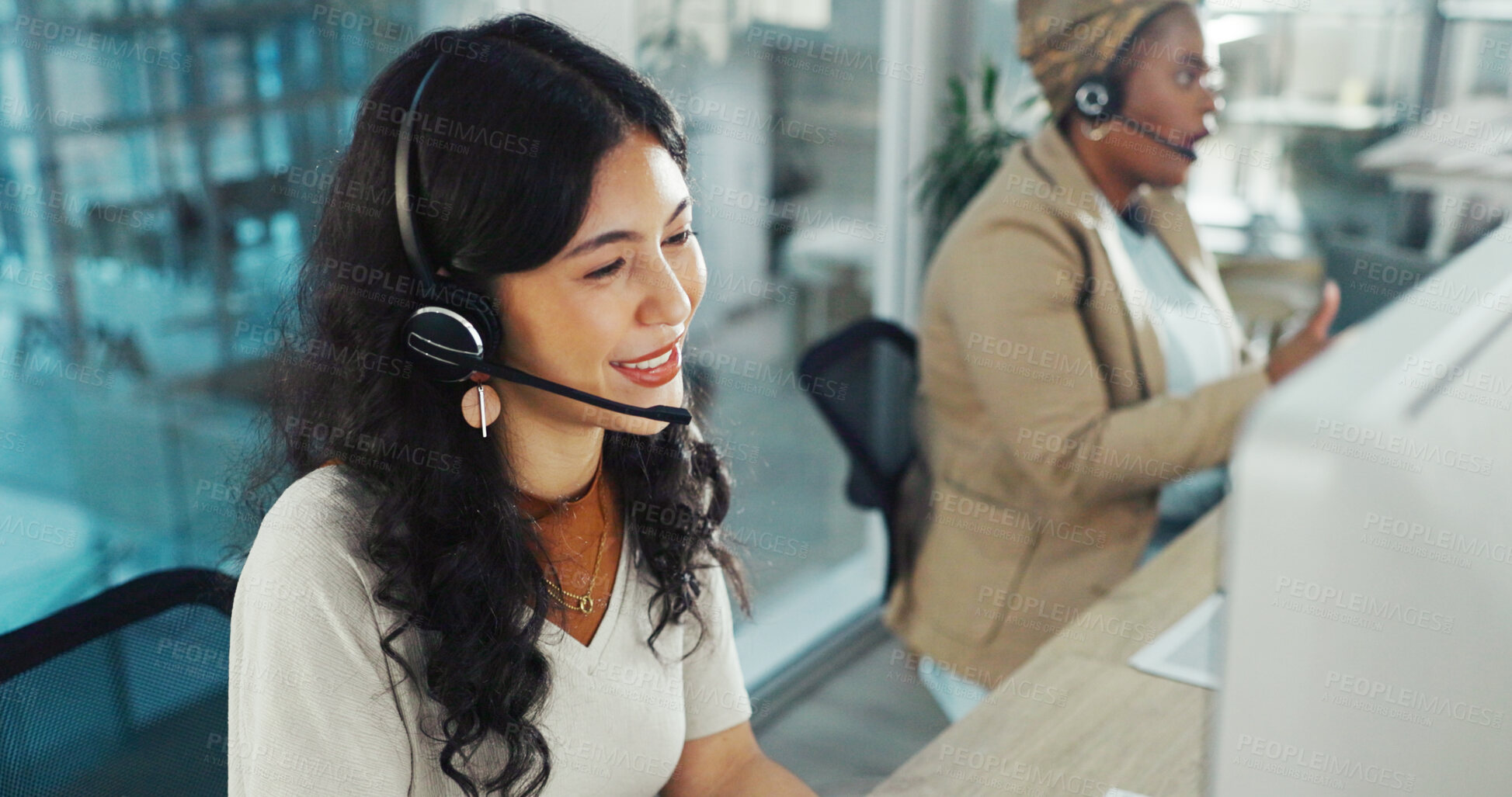 Buy stock photo Call center, telemarketing and smile with woman in office for flight booking, customer support and itinerary planning. Travel agent consulting, help desk and computer with person in tour guide agency