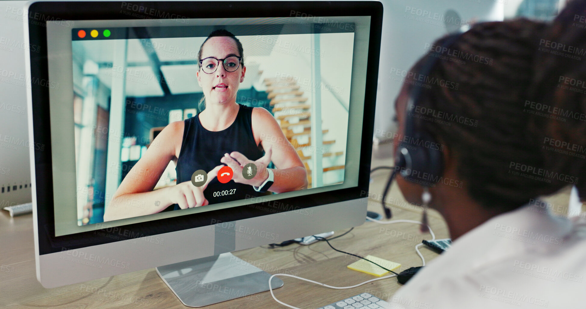 Buy stock photo Office, video call and woman with headset, talking and consulting for sales on website or help. Customer service, communication and person with microphone for telemarketing, computer screen or client