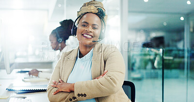 Buy stock photo Happy, black woman and portrait of headset at call centre for customer service, arms crossed and crm. Happy, female advisor and microphone for technical support, telemarketing advice and faq solution