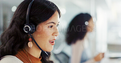Buy stock photo Call center, mic and profile with woman in office for flight booking, customer support and itinerary planning. Travel agent consulting, help desk and vip program with person in tour guide agency