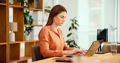 Buy stock photo Woman, laptop and typing at startup, project and report with review, editing and reading at media company. Person, writer and computer with planning schedule, proposal and process at creative agency