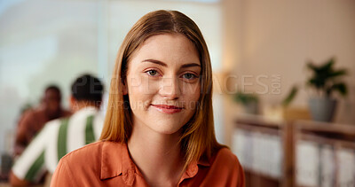 Buy stock photo Portrait, employee and woman with smile, office and confident for graphic design, creative and career growth. Business, web designer and person with project for agency, positive mindset and Canada