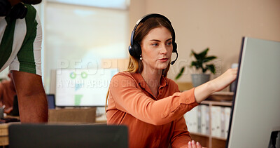 Buy stock photo Computer, manager or woman in customer service coaching, telecom or online support training. Leadership, lead generation or virtual assistant pointing for inbound sales, call center help or question