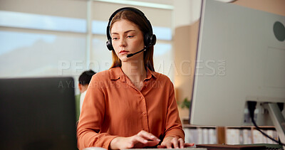 Buy stock photo Computer, agent or woman on laptop in customer service, telecommunication and contact support. Desktop, lead generation or virtual assistant with PC for inbound sales, call center or loan questions