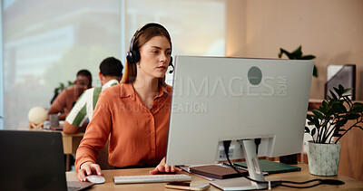 Buy stock photo Research, agent or woman on computer in customer service, telecommunication and contact support. Desktop, lead generation or virtual assistant with report for inbound sales, call center or questions