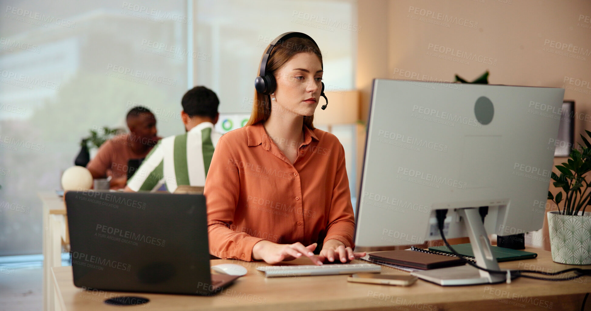 Buy stock photo Typing, agent or woman on computer for customer service, telecom and contact support research. Laptop, lead generation or virtual assistant with report for inbound sales, call center or questions