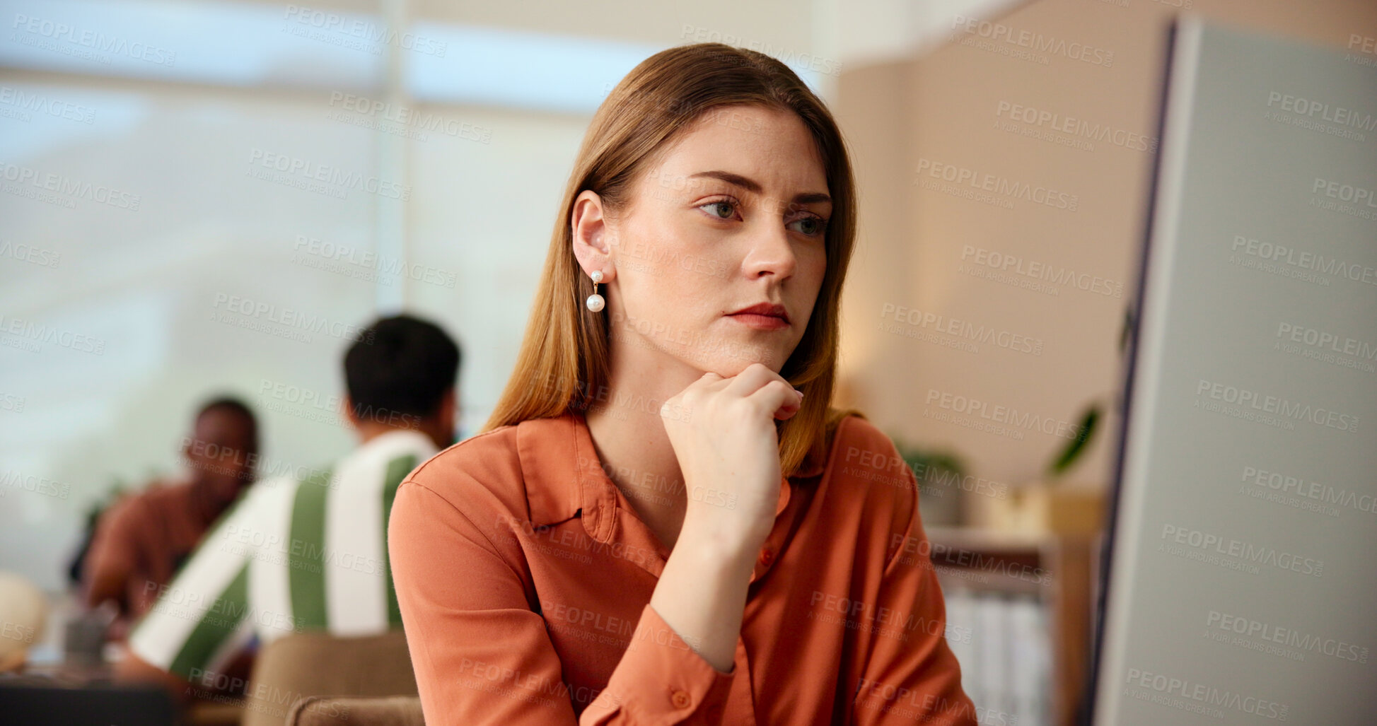 Buy stock photo Business, planning and woman with computer, online reading and ideas for creative project. Person, copywriting and employee in office, pc and research for article, thinking and solution with choice