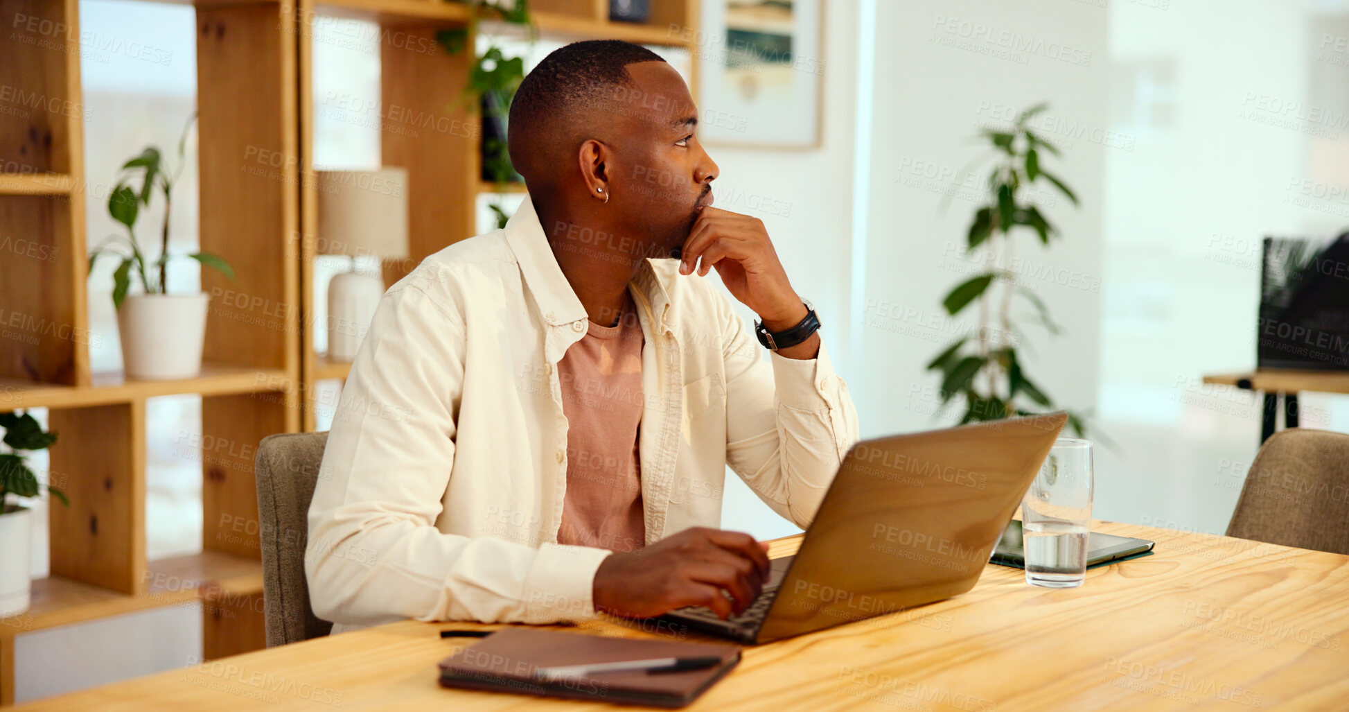 Buy stock photo Creative, thinking and black man on laptop for business insight, problem solving or vision. Idea, planning solution and worker with inspiration, mindset or reflection for event coordinator in startup