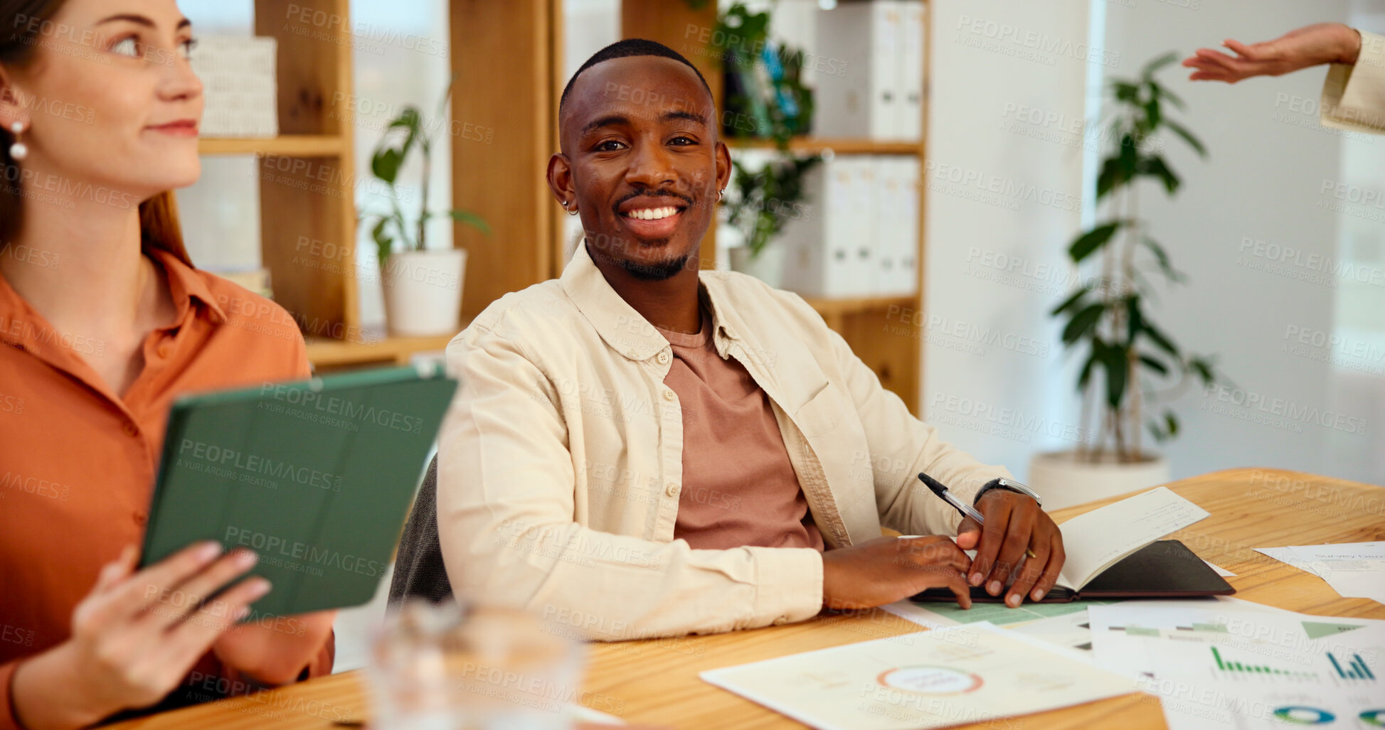 Buy stock photo Business, man and meeting for finance in office with discussion, financial planning and writing notes. People, speaker and tablet with documents, investment charts and statistics for kpi performance