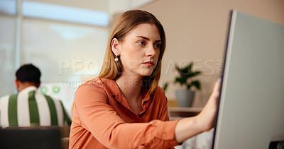 Buy stock photo Business, thinking and woman with computer, online reading and planning for creative project. Person, copywriting and employees in modern office, pc and research for article, journalist and solution 