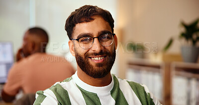 Buy stock photo Portrait, creative and man with glasses, office and confident for graphic design, happy and career growth. Business, web designer and person with project for agency, positive mindset and Egypt