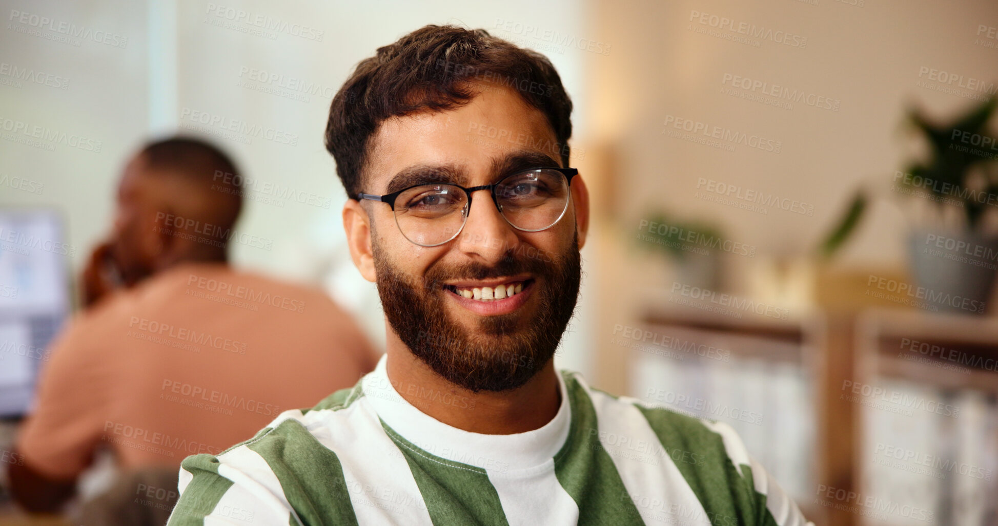 Buy stock photo Portrait, creative and man with glasses, office and confident for graphic design, happy and career growth. Business, web designer and person with project for agency, positive mindset and Egypt