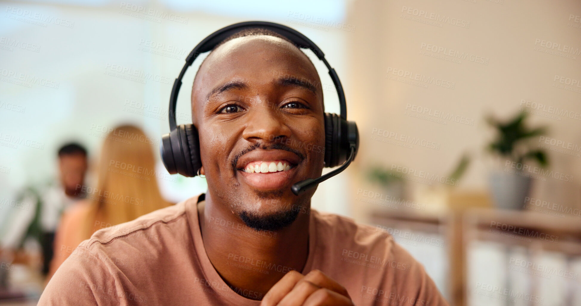 Buy stock photo Agent, contact us or face of happy man in customer service, telecommunication or online support. Coworking, lead generation or virtual assistant on computer for inbound sales, call center or question