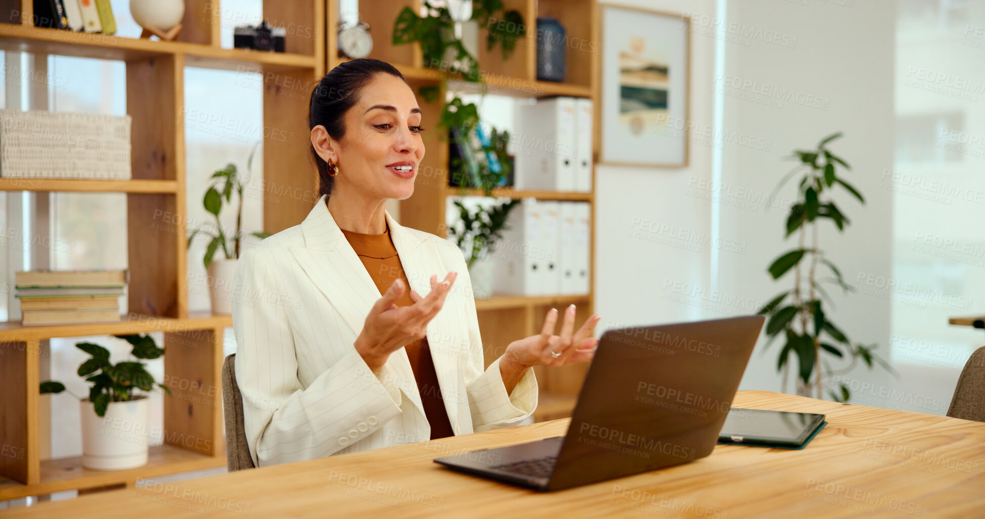 Buy stock photo Video call, woman and laptop in office for interview, virtual meeting or online discussion. Applicant, female HR officer and communication for contract information or job requirements in webinar