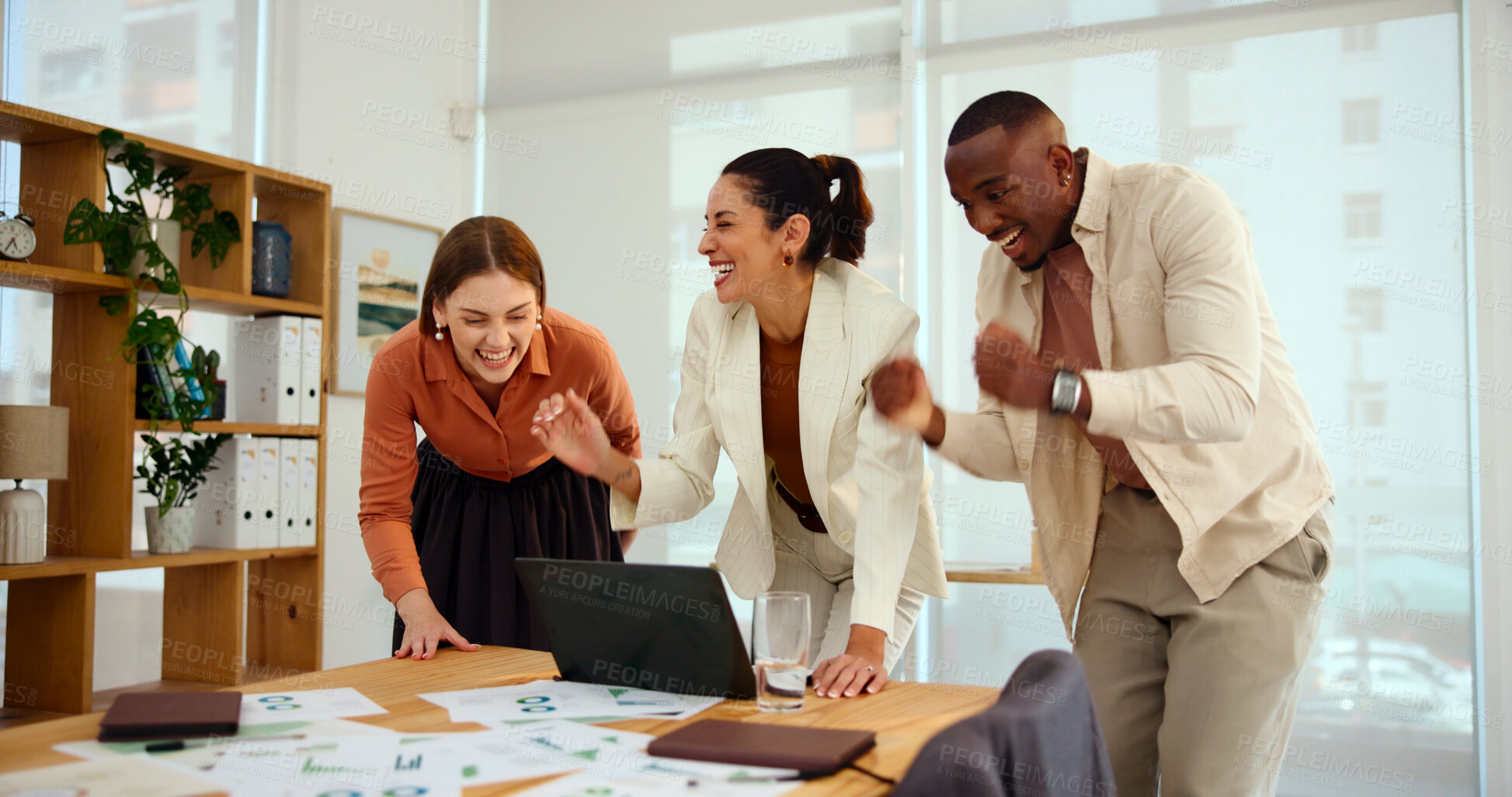 Buy stock photo Business people, excited and laptop in office for finance, successful campaign or economic win. Startup team, tech or cheering in agency for target profit, news opportunity or development in industry