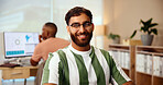 Portrait, happy and man with glasses, office and confident for graphic design, creative and career growth. Business, web designer and person with project for agency, positive mindset and Egypt