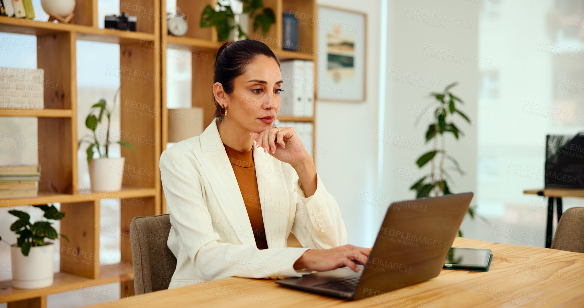 Buy stock photo Business, thinking and woman with laptop, decision and planning for creative project. Person, journalist and employee in office, pc and research for article, solution and online reading with email
