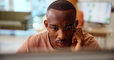 Buy stock photo Business, thinking and man with computer, planning for creative project and solution. Person, copywriting and employee in modern office, pc and research for article, review report and editing