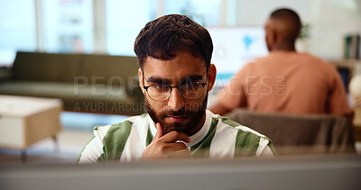 Buy stock photo Business, thinking and man with computer, solution and planning for creative project. Person, copywriting and employees in modern office, pc or research for article, decision or choice for proposal