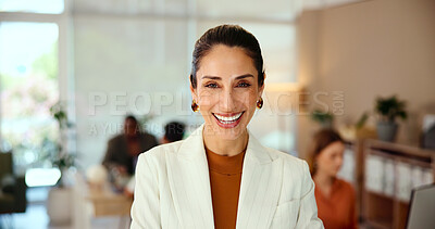 Buy stock photo Woman, portrait and smile in office for business, creative industry and pride for startup. Mature professional, designer and happy in digital agency for about us, project management and consultant