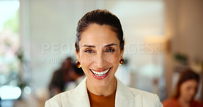 Buy stock photo Woman, portrait and happy in office for business, creative industry and pride for startup. Mature professional, designer and smile in design agency for about us, project management and consultant