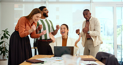 Buy stock photo Laptop, meeting and success with business people in office for celebration of financial goals. Computer, motivation and smile with winner employee team in workplace for bonus, deal or target