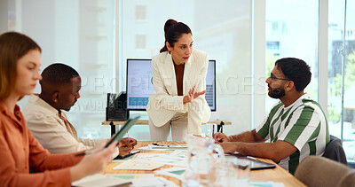 Buy stock photo Woman, presentation and group at startup with discussion, info or charts for growth at media company. People, speaker and team with documents, talk or problem solving for project at creative agency