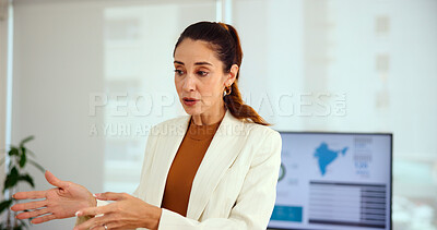 Buy stock photo Business, presentation and woman in office, financial consultant and feedback for profit growth. Person, economy analyst and employee with advice, budget report and global trading for investment