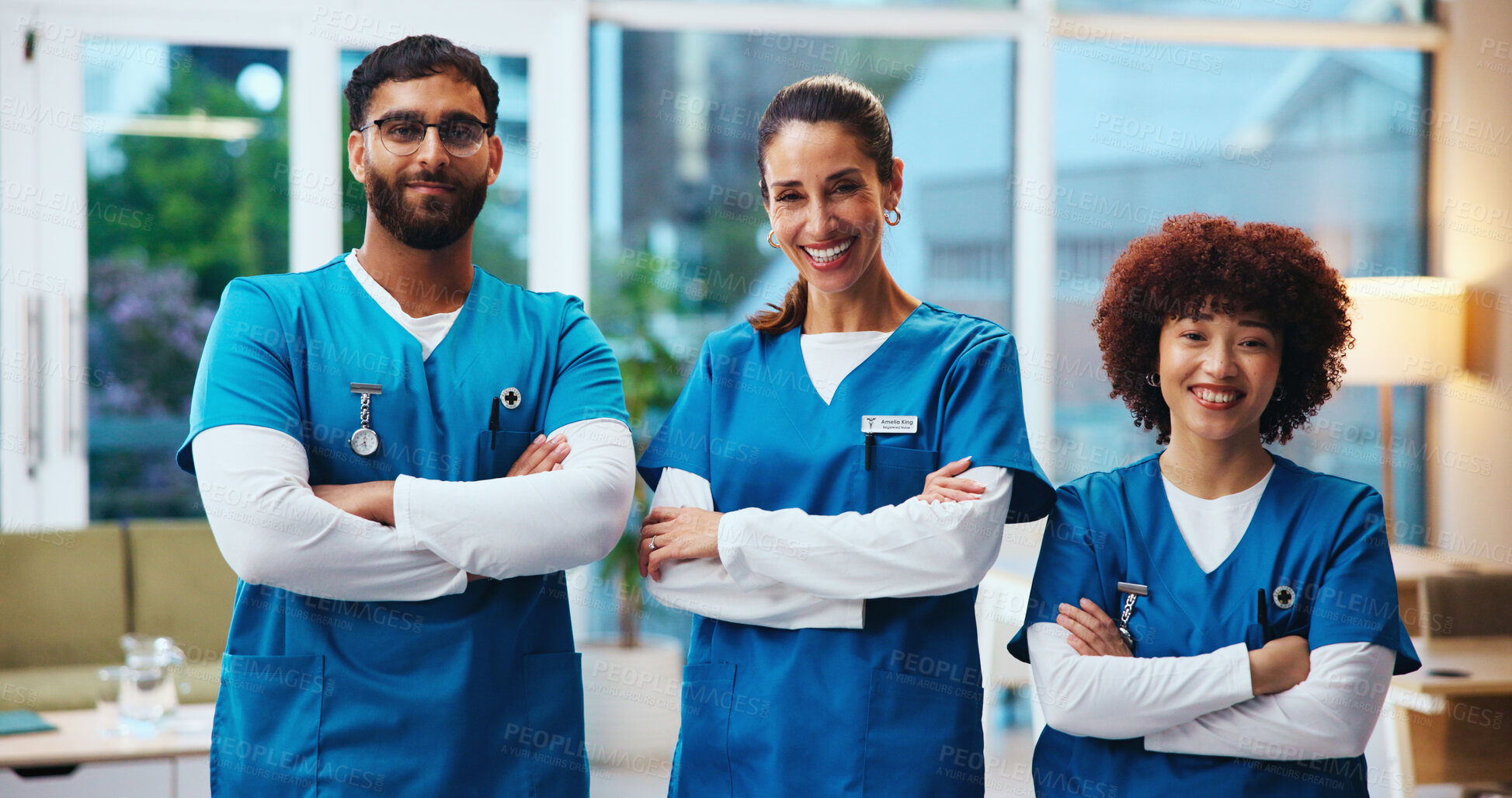 Buy stock photo Portrait, people and nurses with confidence at hospital of healthcare services, medical advice and teamwork. Smile, staff and arms crossed with career integrity, healing pride and treatment support