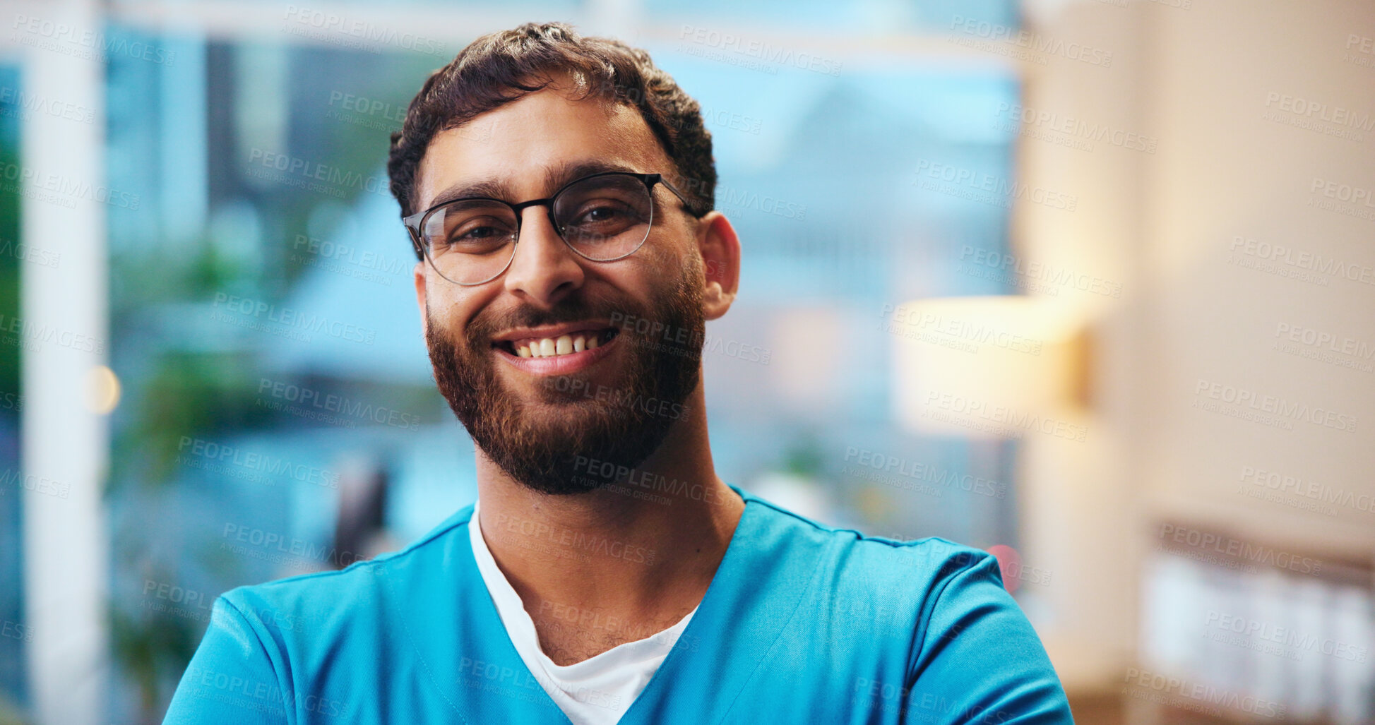 Buy stock photo Portrait, man and nurse with confidence at hospital for healthcare services, medical advice and ambition. Smile, male person and pride with career integrity, wellness support and professional