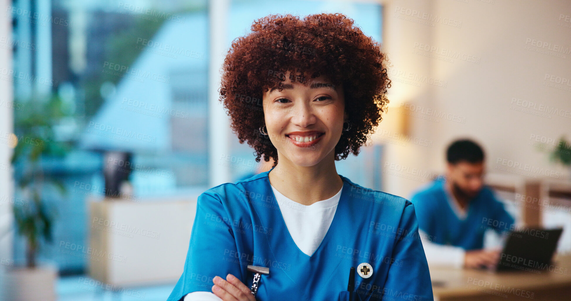 Buy stock photo Healthcare, nurse and portrait in hospital with confidence, pride and public service with smile. Woman, medical assistant and arms crossed in clinic with experience, about us and friendly attitude