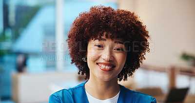 Buy stock photo Healthcare, nurse and portrait in clinic with smile, pride and public service with happiness. Woman, medical assistant and face in hospital lobby with experience, about us and friendly attitude