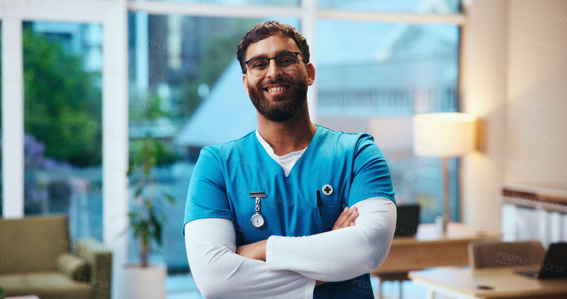 Buy stock photo Healthcare, male nurse and portrait in clinic with confidence, pride or public service with smile. Happy man, medical expert or arms crossed in hospital with experience, about us or friendly attitude