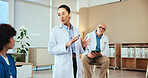 Healthcare, nurse and doctors with discussion for training, medical education or skills development. Team, intern and mentor with teaching for diagnosis, workshop or director with tablet for research