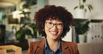 Buy stock photo Portrait, night and woman with glasses, office or paralegal in law firm, confident or working late. Happy, professional and legal assistant in business for justice, corporate or smile for case in USA