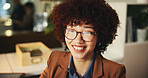 Office, night and business woman with glasses for reading, startup solution and reflection with smile. Workplace, career and female consultant with spectacles for professional job, confidence and joy