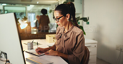 Buy stock photo Computer, research and writing with business woman in office for sustainability consultant, planning and report. Environmental audit, corporate social responsibility and energy solutions with person