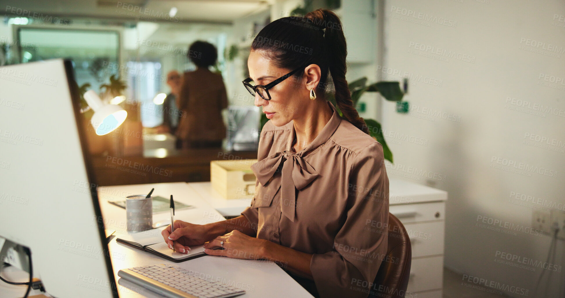 Buy stock photo Computer, research and writing with business woman in office for sustainability consultant, planning and report. Environmental audit, corporate social responsibility and energy solutions with person
