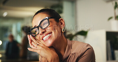 Buy stock photo Smile, thinking and business woman with vision, creative insight or finish deadline at night. Idea, solution and worker with reflection, inspiration and news editor with project approval in startup