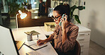 Phone call, writing notes and business woman in office for client appointment, schedule or booking at night. Mobile, book or secretary in communication, planning or receptionist listening on overtime