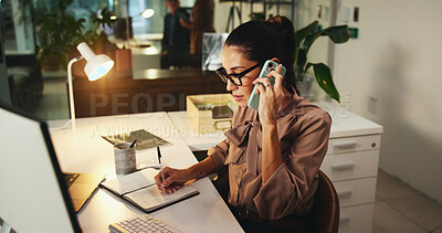 Buy stock photo Phone call, writing notes and business woman in office for client appointment, schedule or booking at night. Mobile, book or secretary in communication, planning or receptionist listening on overtime