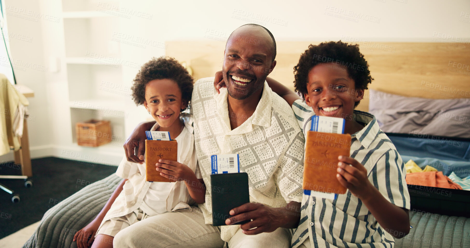 Buy stock photo Passport, happy man and children in portrait for travel, immigration and excited for new opportunity. Black family, flight ticket and hug in home with pride, booking confirmation and boarding pass